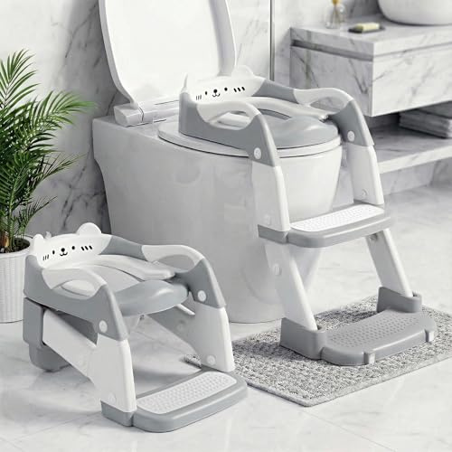 Orzbow Toilettensitz Kinder mit Treppe, 2-in-1 Kinder Toilettensitz, Töpfchen für Kinder, Höhenverstellbar, Verlängerter Pedal und PVC-Polster, Rutschfest und Leicht, Grau
