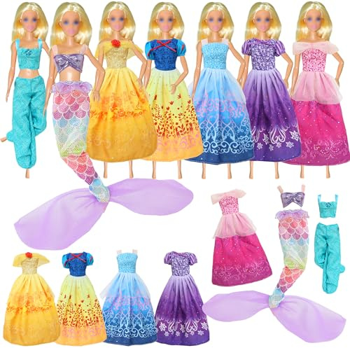 7 Sets Kleidung Kompatibel mit Barbie 11.5inch Puppen Verschiedene Prinzessinnen Kostüme Kleider, Darunter Meerjungfrauenrock, Prinzessinnenrock, Hosenträger und Hose für 11,5-Zoll-Mädchenpuppen