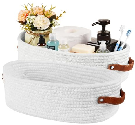TIANLIN 2 Piezas Cesta de Almacenaje Tejida de Cuerda de Algodón, Tamaño 33×15×10 cm, Pequeñas Cestas de Almacenaje con Asas de Cuero para Baño, Dormitorio, Cocina y Estantería (Blanco)