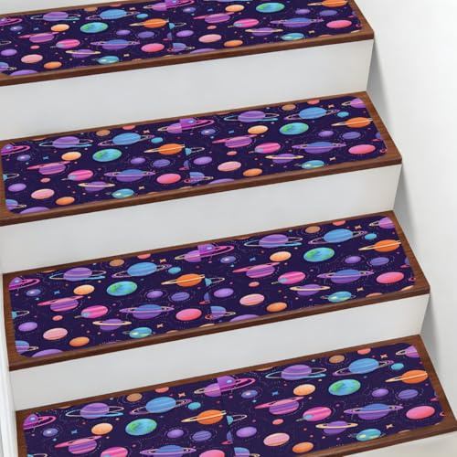 DXTKWL Colored Planets Space Pattern Stair Treads Non Slip Bullnose Stair Step Carpet Runner Rug Mat for Wooden Marble Ceramic Staircase Steps, 1 Pcs
