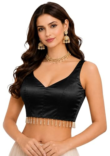 TRENDMALLS Women's Gaji Silk Sleeveless Beads Lace Work Ready to Wear Blouse for Women (B14-Black-M)