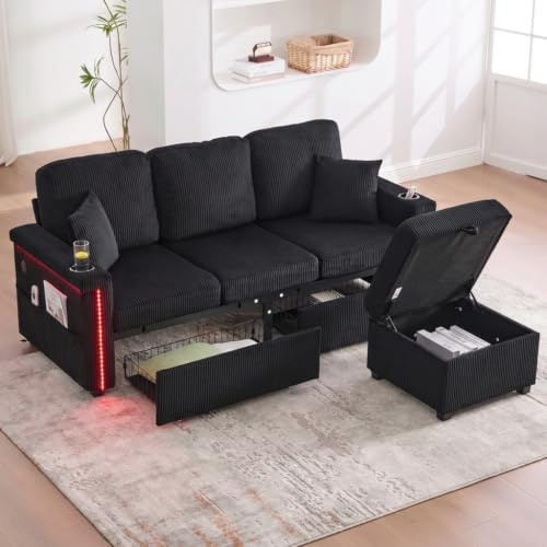 DHHU 194cm Canapé Convertible 3 Places avec LED, Canapé 3 Places avec Rangement, Canapé d'angle Modulable avec USB-C et Porte-Gobelets, Canapé Velours Côtelé Multifonctionnel, Noir