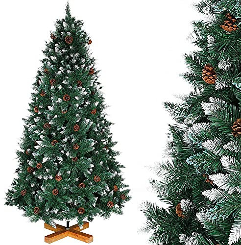 Bakaji Albero di Natale Folto Pino KING PREMIUM Artificiale Innevato con Pigne, Bianco Naturale Punte Ricoperte di Neve, base a Croce in legno Massello, Altezza 180 cm, 831 Rami Ignifugo