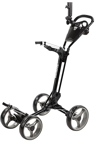 Qwik-Fold Golf Push Cart 4-Wheel with Foot Brake – 1-Second Fold Golf Trolley, Lightweight Aluminum Frame, Adjustable Handle, Ball-Bearing Wheels & Umbrella Holder - Black/Charcoal
