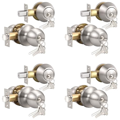 Knobonly Keyed Alike Exterior Door Knob, Round Outdoor Lock with One Sided Deadbolt, Stainless Steel, Satin Nickel Door Knobs, Silver Door Handle Sets, 4 Pack