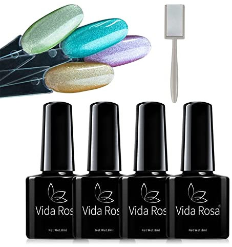 4 Colors Glitter Cat-Eye Gel Nail Polish Magnetic Gel Polish Nail Lacquer Semi-permanent Manicure Nail Art Design, + Magnet for Home Beauty DIY, neon blue, luxury gold, fairy pink, apple green