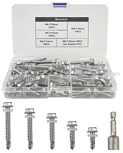 51pcs viti a testa esagonale M6.3 in acciaio inox autofilettanti con filettatura completa per coperture in metallo, viti a coda di rondine esagonali esterne, autoperforanti, con dado setter, rondelle