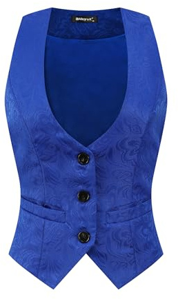 Allegra K Gilet Vintage Femme Blazer sans Manches Boutonné Steampunk Jacquard Veste de Costume Bleu Royal XL