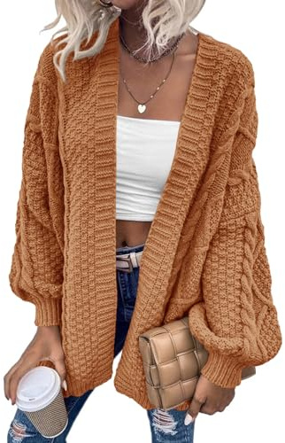Dyexces Womens Oversized Cardigan Sweaters Open Front Cable Knit Lantern Long Sleeve Chunky Outwear Coats Camel