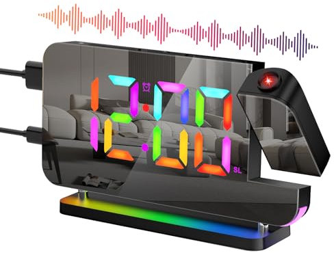 Homealexa LED-Spiegelwecker Projektion-Digitalwecker Projektor Raiowecker Uhr 6 Helligkeit mit Radio Spiegeloberfläche Schlummermodus 180°Projektrotation 12/24H-Einstellung USB-Ladegerät (Weiß)