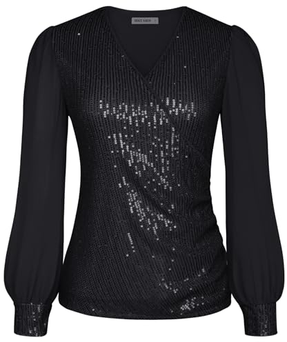 Damen V-Ausschnitt Elegant Bluse Langarm Schlank Tunika Glitzer Chic Top Festliche Tanzparty Oberteile für Kleider Schwarz XL