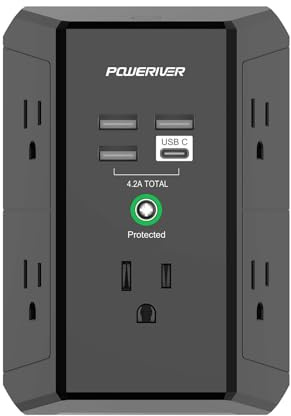 Multi Outlet Extender Surge Protector - POWERIVER Multi Plug Wall Outlet with 5 AC Outlets and 4 USB Ports(1USB C), 1680 Joules, Outlet Splitter for Home School Office, ETL, Black