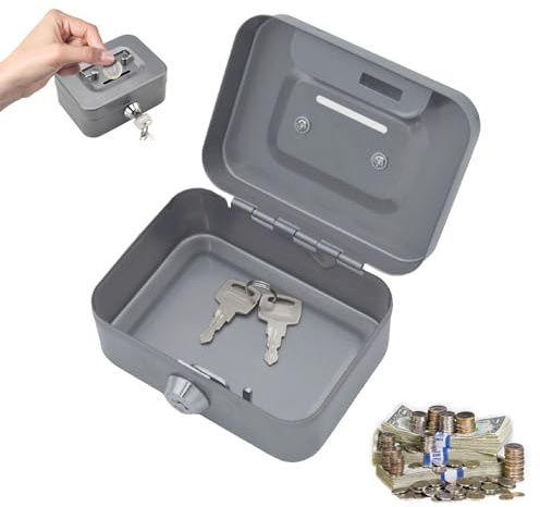 Petite Caisse Forte, Caisse avec Serrure à Clé, Argentée Caisse à monnaie, 11,5 x 8,5 x 5,8 cm, Caisse en Acier Tirelire avec Fente pour Pieces, Élégante caisse à monnaie, Coffre fort