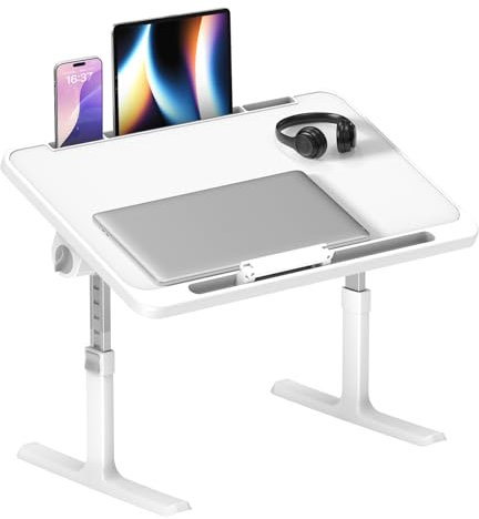 Höhenverstellbarer Laptoptisch fürs Bett 60x40cm, Winkelverstellbar-4 & Klappbarer Betttisch, Lapdesk mit Tablet-Ständer & Anti-Rutsch-Kante, Faltbarer Frühstückstisch für Sofa, Couch & Boden, Weiß
