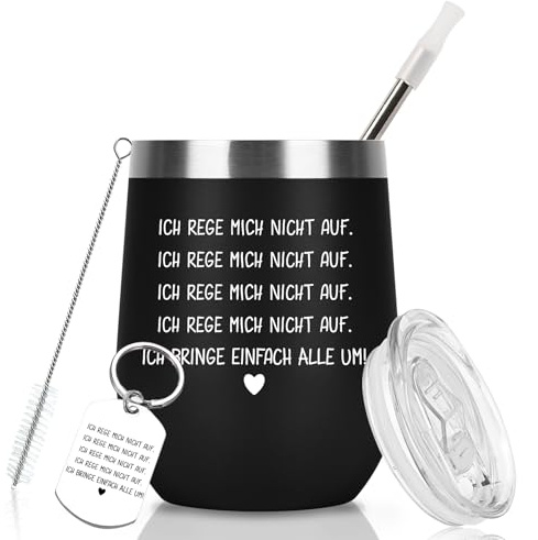 Diztoud presenter till män, kollegor, pojkvän, kvinnor, rolig termosmugg med slogan 'I Rege Mich Not On', 350 ml dubbelväggig rostfritt stål vinmugg med lock och sugrör nyckelring