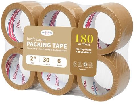 WINSUFIRE Eco-Friendly Brown Kraft Paper Packing Tape,Heavy Duty Packaging can Biodegradable, Pray Panting,Sealing,Writable and Easier Tear by Hands, 2 Inch x 30 Yards, 6 Rolls,Total 180 Yards