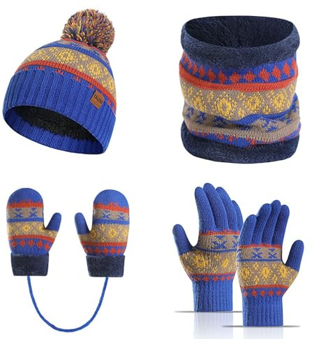 Generisch Ensemble de 4 pièces en tricot pour enfant - Bonnet d'hiver - Écharpe tubulaire - Gants en tricot - Écharpe douce et épaisse - Doublure polaire - Bonnet à pompon - 3 à 10 ans, bleu, taille