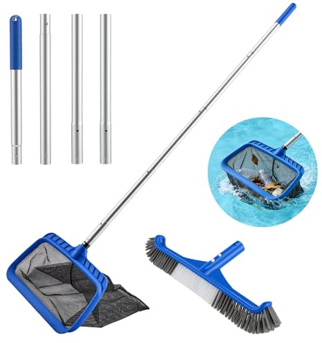 Kit de Limpieza de Piscinas, Mantenimiento de Piscinas con 152 cm Mango Telescópico, Cepillo de Piscina de 44,5 cm y Red de Aterrizaje de Malla Fina para Piscinas, Estanques y Piscinas elevadas