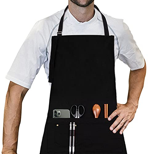 LessMo Tablier, 70 x 85 cm, 100% Tablier de Cuisine en Coton avec Cou réglable Sangle, qualité Professionnelle Tablier BBQ,Noir
