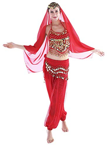 Bollywood Kostüm Damen Fasching Halloween Kostüm Indische Kleidung Bauchtanzkostüme Rot Hose Oberteil