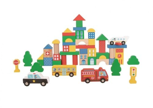 TOOKY TOY FSC träbyggklossar set – träklossar för barn med byggnader och fordon, montessorileksak, pedagogisk utveckling, kognitiv och social utveckling, gåva från 2 år