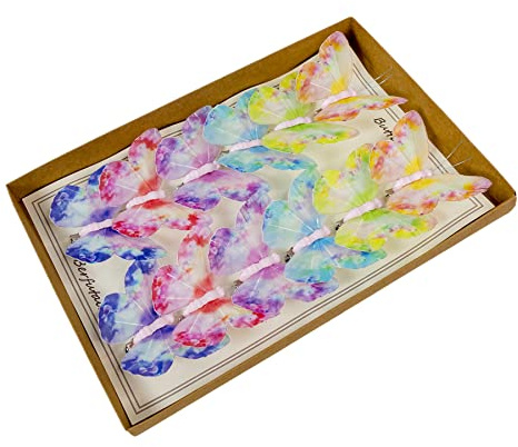 Berfutall- Spring Feather Butterfly Decorations Set 6 Color of 12pcs Vibrant Multi Colored Craft Butterflies on Clip .Party Home Decor Floral Pics