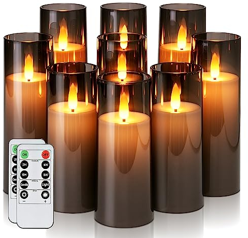 Homemory Grau Acryl Flackernde Flammenlose Kerzen, LED-Kerzen, Batteriebetriebene Kerzen mit Fernbedienung und Timer, Gefälschte Elektrische Kerzen, Home Decor, 9er-Set
