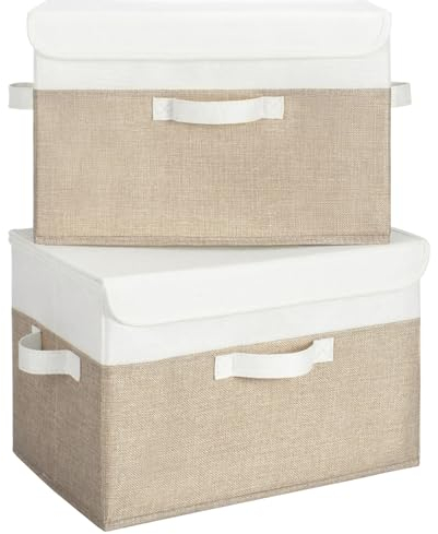 GRANNY SAYS Wardrobe Storage Boxes with Lid, Pack of 2 Collapsible Storage Boxes Lidded, Large Fabric Baskets for Shelves Organising, Top of Wardrobe Organisation, White&Khaki, 40 x 26 x 25.5 cm