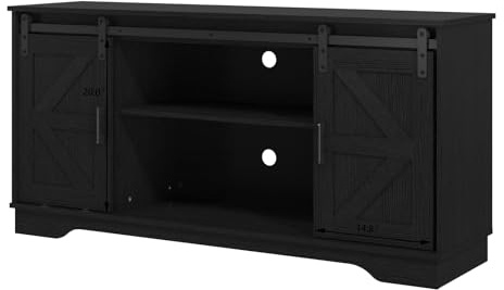 Panana Wooden Sideboard Kitchen Cabinet Storage Cupboard with 2 Sliding Barn Doors TV Stand Farmhouse Style for Living Room (Black)