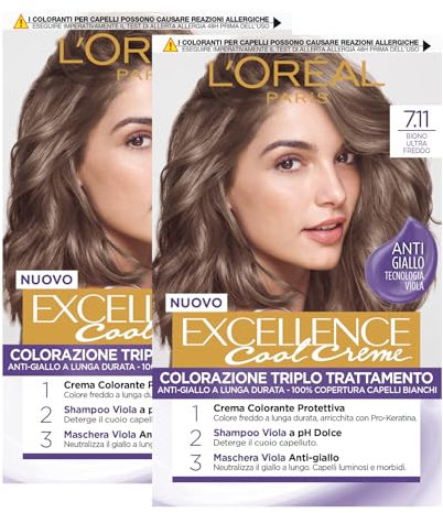 L'Oréal Paris Excellence Cool Creme - Tinte permanente para el cabello, triple tratamiento, tecnología violeta anti-amarillo, crema colorante protectora 7.11 rubio ultra frío – 2 paquetes