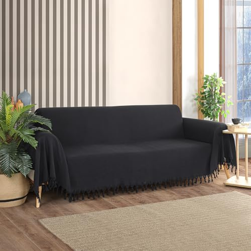 Milam London Sofa Throws Large 3 Seater, Extra Large Throws For Settees | 180 x 300 cm Black, Sofa Cover 3 Seater, Throws For Sofas Large Blanket with a Herringbone Pattern and Tasselled Edges
