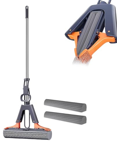 Trapeador exprimible, Trapeador de esponja con rodillo,Trapeador de rodillo de esponja PVA con mango ajustable | Fregona de esponja absorbente de limpieza eficiente para suelo de mármol, baldosas de m