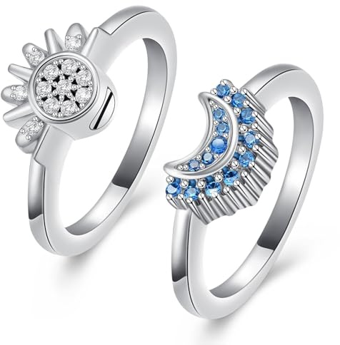 Anillos de urna de cremación para cenizas, anillos celestiales de sol y luna, anillo de sol brillante, anillo de luna azul, anillo de promesa de amistad chapado en plata, anillos celestiales