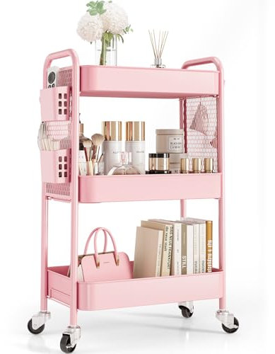 Urackify Storage Trolley on Wheels for Variety Applications, 3 Tier Trolley with Extra DIY Pegboards,Handing Bins, and Hooks for Living Room, Kitchen, Bathroom, Office, Classroom, Pink