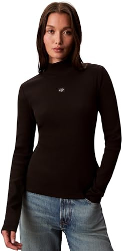 Calvin Klein Damen Langarmshirt Woven Turtleneck mit Rollkragen, Schwarz (Black), S