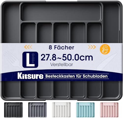 Kitsure Schubladen-Besteckkasten – verstellbarer Schubladeneinsatz aus BPA-freiem Material, Mehrzweck-Schubladen-Organizer, Küchen-Organizer, groß, schwarz, 34.90 x 28.40 x 4.00 cm