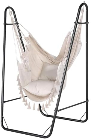 WUDLEP Heavy-Duty Hammock Chair with Stand, Indoor Outdoor Hanging Chair, Max Load 330 pounds Swing Chair with Sturdy Metal Frame, Storage Pocket, No Beam Design for Living Room, Patio, Yard