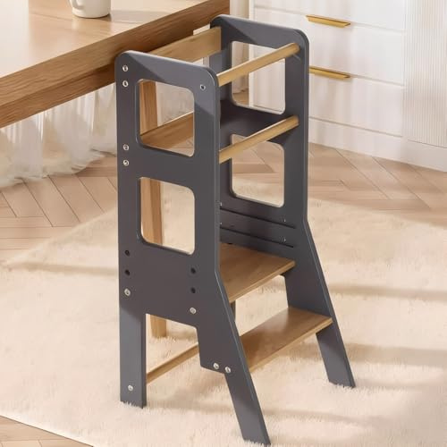 EULEUY Torre Aprendizaje Montessori,Torre de Aprendizaje Altura Regulable con Barandilla de Seguridad,Taburete Bebe 2 Años Adecuado para Cocina,Baño, Sala de Estar y Dormitorio.Taburete Escalera Negra