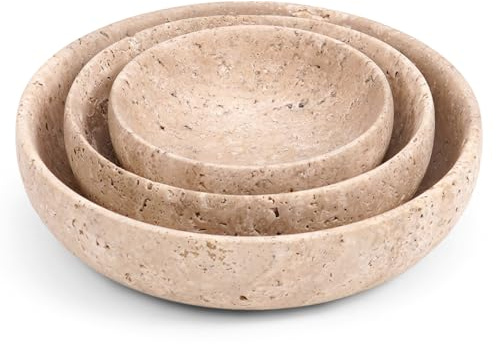 Juego de cuencos de mármol SPESHSTONES Juego de 3 cuencos de mezcla de travertino hechos a mano y juego de platos para cocina y comedor - Platos pequeños de servir, cuenco mini, plato de salsa de