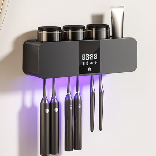 Limpiador de cepillos de dientes, soporte para cepillo de dientes de pared, función de temporizador, recargable, inalámbrico, con dispensador de pasta de dientes de luz UV y 3 tazas para limpiador de