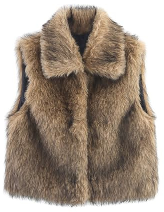 FindThy Women’s Furry Faux Fur Vest Stylish Lapel Collar Sleeveless Button Down Winter Crop Waistcoat(4194-Brown-XS-LB)