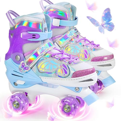 SHDSL Kids Roller Skates for Girls Boys Beginner, 4 Sizes Adjustable Quad Butterfly Roller Skates with All Light up Wheels, Birthday Gift for Girls Skates Indoor Outdoor Sports