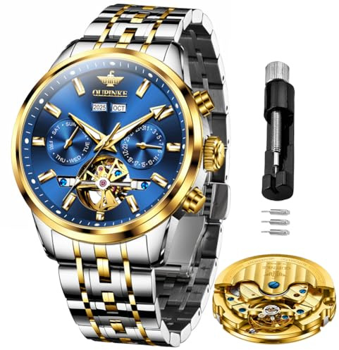 OLEVS Men Automatic Watch Skeleton Mechanical Classic Luxury Self Winding Wrist Watches Blue Calendar Stainless Steel Waterproof Wrist Watches for Men