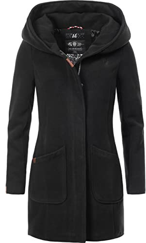 MARIKOO Damen Mantel in Wollmantel-Optik Warmer Trenchcoat mit Kapuze Maikoo Schwarz Gr. M