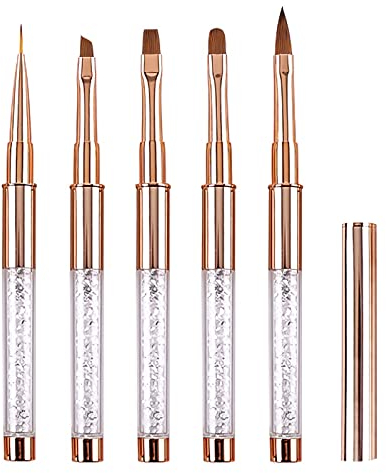 5 Pezzi Pennelli Unghie Gel Professionali con Tappo per Nail Art Semipermanente Oro Rosa, LEA-SHALL Pennello Ricostruzione Liner/Piatto/Rotondo/Acrilico/Angolo Pennellino Set Penna Sottile Fini per
