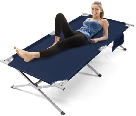 GOPLUS Lit de Camping Pliant, Lit de Camp 1Personne Extra Large avec Poche de Rangement et Sac de Transport, 106x215x49CM, Charge 150KG (Aluminium)