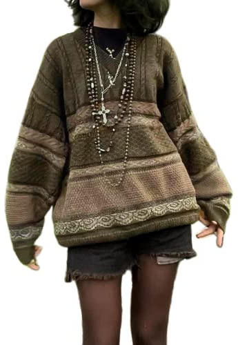 Randig tröja kvinnor y2k morfar tröja randig tröja pullover överdimensionerad vintage tröja stickad långärmad toppar, A1, L
