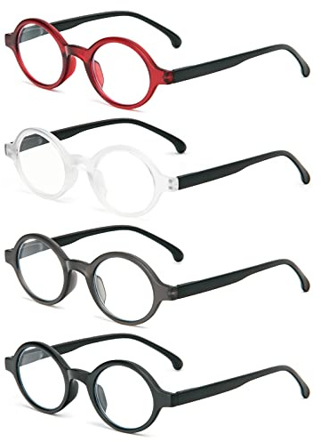 KoKoBin Lot de 4 petites lunettes de lecture rondes anti-lumière bleue pour homme et femme avec charnières à ressort (lot de 4, 3,5, dioptries)