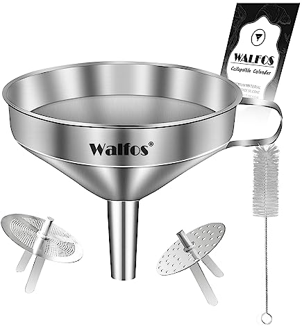 WALFOS Embudo de acero inoxidable con 2 tamices extraíbles, 10.4cm embudo cocina para la transferencia de ingredientes líquidos