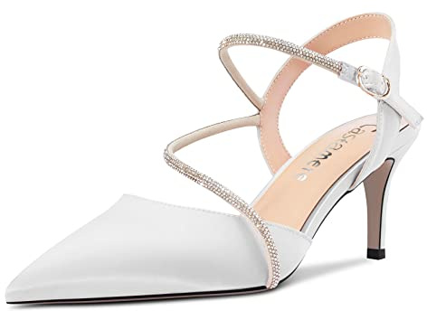 Castamere Donna Medio Spillo Tacco Heel a Punta Cinturino alla Caviglia Sandali Diamante Cristallo 6.5 CM Heels Bianco Raso 41 EU